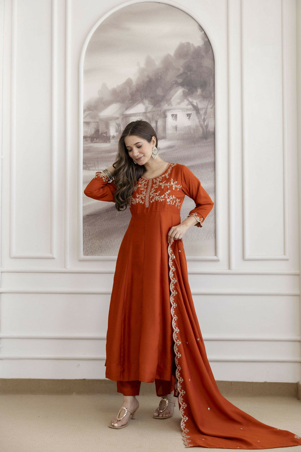 The52 Orange Women's Beautiful Vichitra Silk Fabric Embroidered Work Flared Anarkali Pant and Dupatta Set | Grocsy