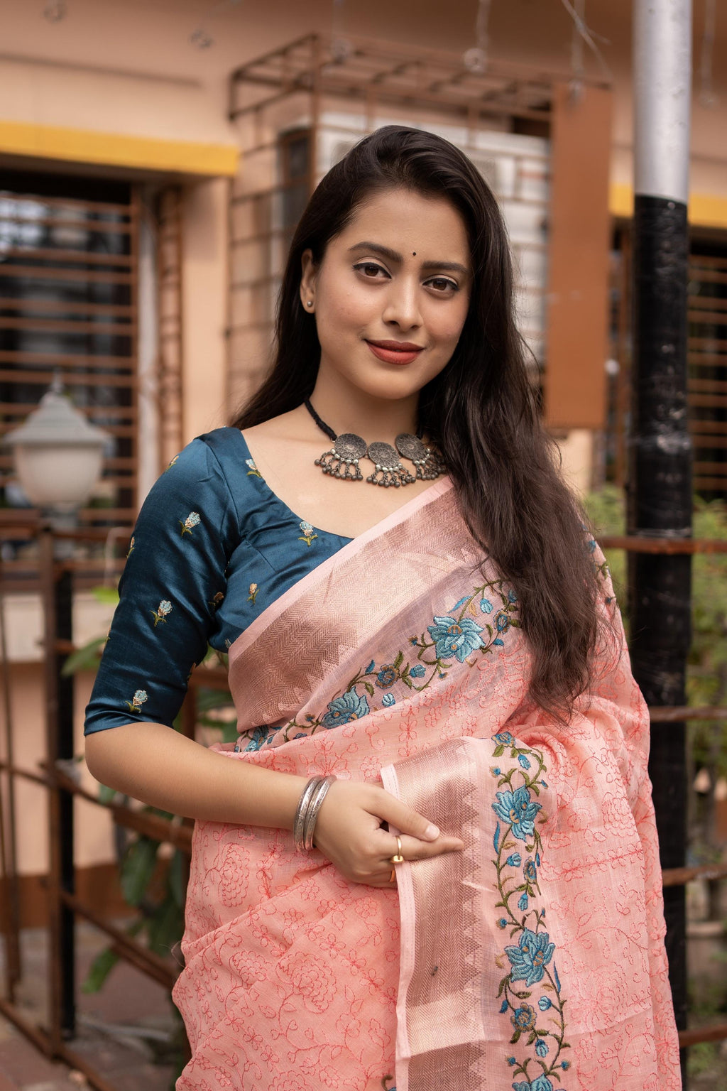 Pink Pure Linen Woven Design Saree with Unstitched Blouse - A2M | Grocsy