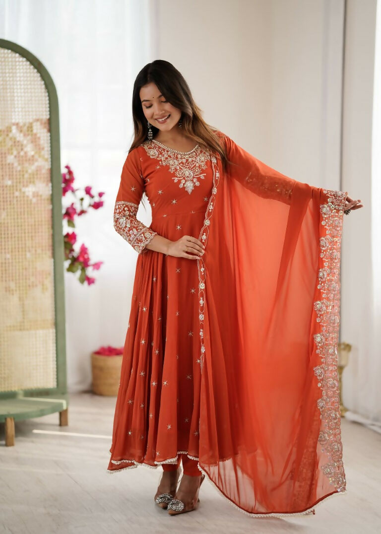 Teeya Creation Orange Color Faux georgette Embroidery Work Wedding Wear Gown | Grocsy