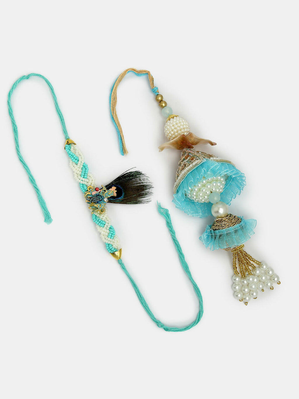 NVR Women & Men Set of 2 Blue Krishna Pearl Bhaiya Bhabhi Rakhi With Roli Chawal | Grocsy