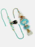 NVR Women & Men Set of 2 Blue Krishna Pearl Bhaiya Bhabhi Rakhi With Roli Chawal | Grocsy