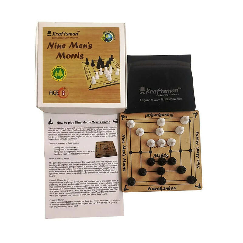 Kraftsman Nine Men's Morris | Navakankari | Daadi | Mills Travel Board Game | Grocsy