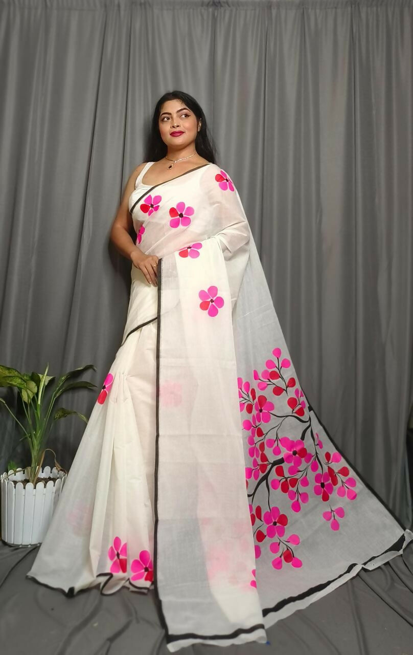 Exclusive Collection Beautiful White Pink Pure Cotton Hand Print Handloom Saree With Running Blouse Piece | Grocsy