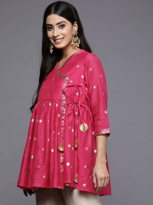 Ahalyaa Womens Pink Chanderi Printed Angrakha Style Tunic | Grocsy