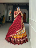 Vastranavya Floral And Patola Print With Foil Work Lehenga with Unstitched Blouse - Red | Grocsy