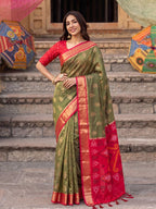 Shree Shyam Fashion Olive Green & Red Woven Work Soft Silk Fabric Festive Wear Saree With Blouse | Grocsy