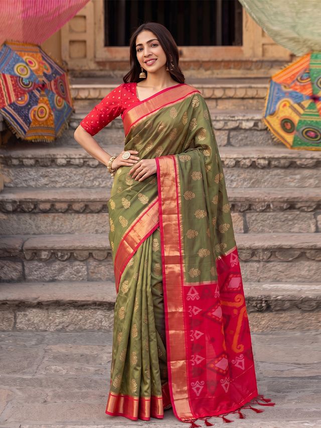 Shree Shyam Fashion Olive Green & Red Woven Work Soft Silk Fabric Festive Wear Saree With Blouse | Grocsy