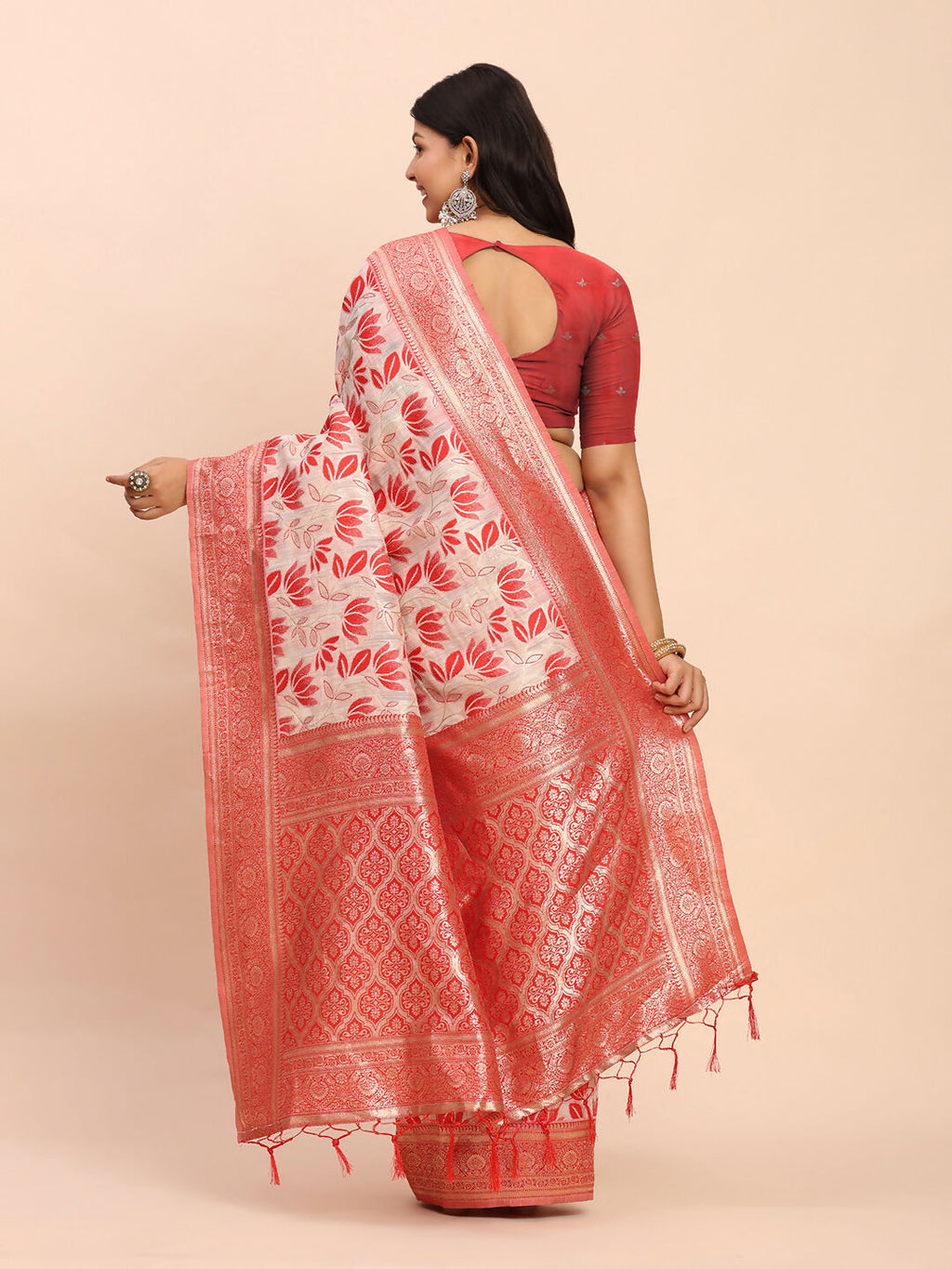 Shree Shyam Fashion Linen Cotton Red Saree | Grocsy