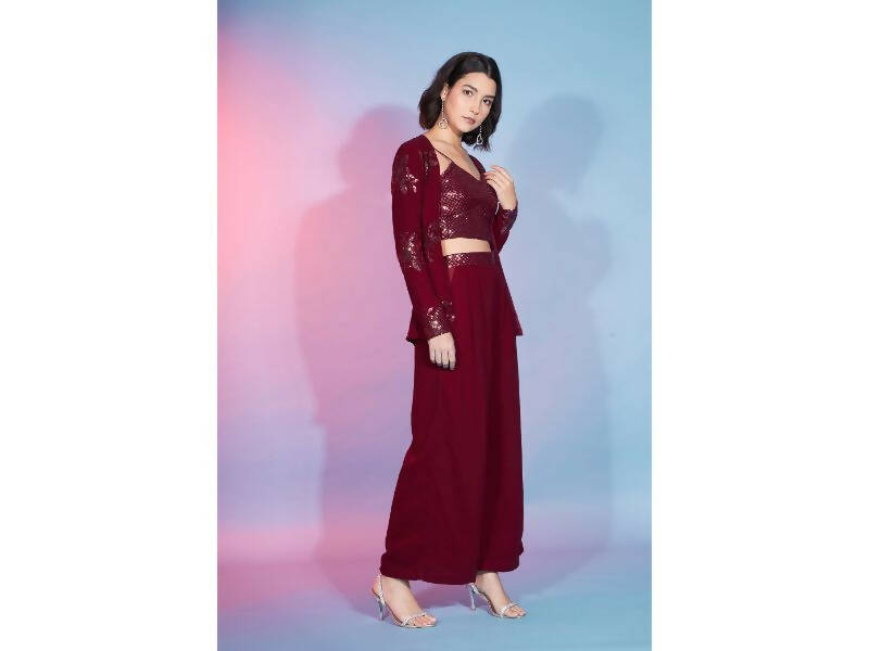 Red Georgette Sequence With Thread Designer Co-Ord Set - Flory | Grocsy