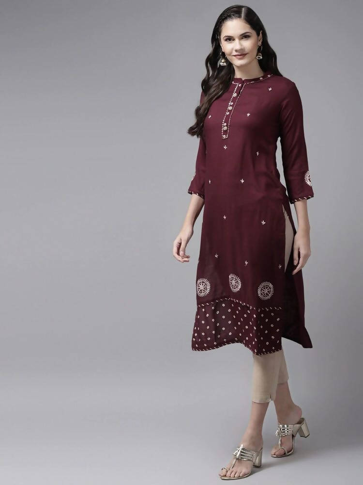 Yufta Women Maroon Ethnic Motifs Embroidered Kurta | Grocsy