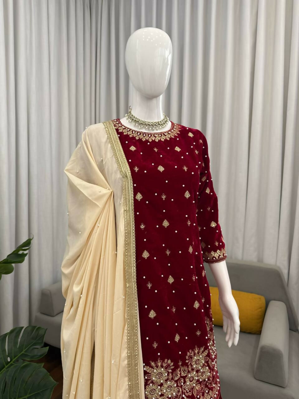 Vastranavya Maroon Viscose Velvet Intricate Thread & Sequence With Pearl Work Top Palazzo With Dupatta | Grocsy