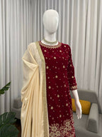 Vastranavya Maroon Viscose Velvet Intricate Thread & Sequence With Pearl Work Top Palazzo With Dupatta | Grocsy