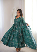 Teeya Creation New Trendy Stylish Elegant Teal Floral Print Cotton Anarkali Suit for Women | Grocsy