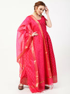 Cheera Women's Deep Pink Cotton & Silk Hand Block Print Long Dress With Silk Dupatta Set | Grocsy