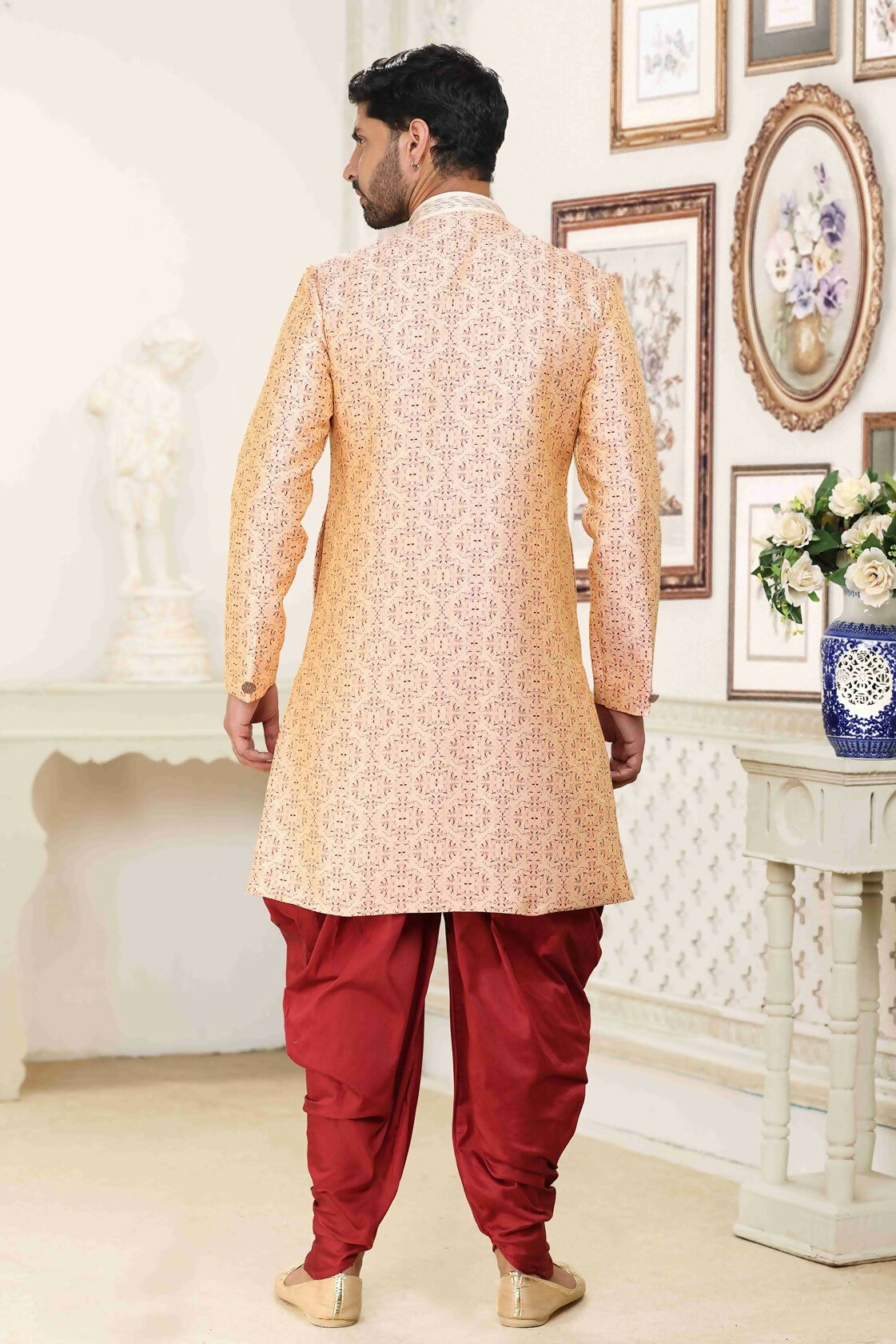 Raivat Ethnic Banarasi Jacquard Embroidery Semi Indo Western Sherwani In Cream Maroon Colour | Grocsy