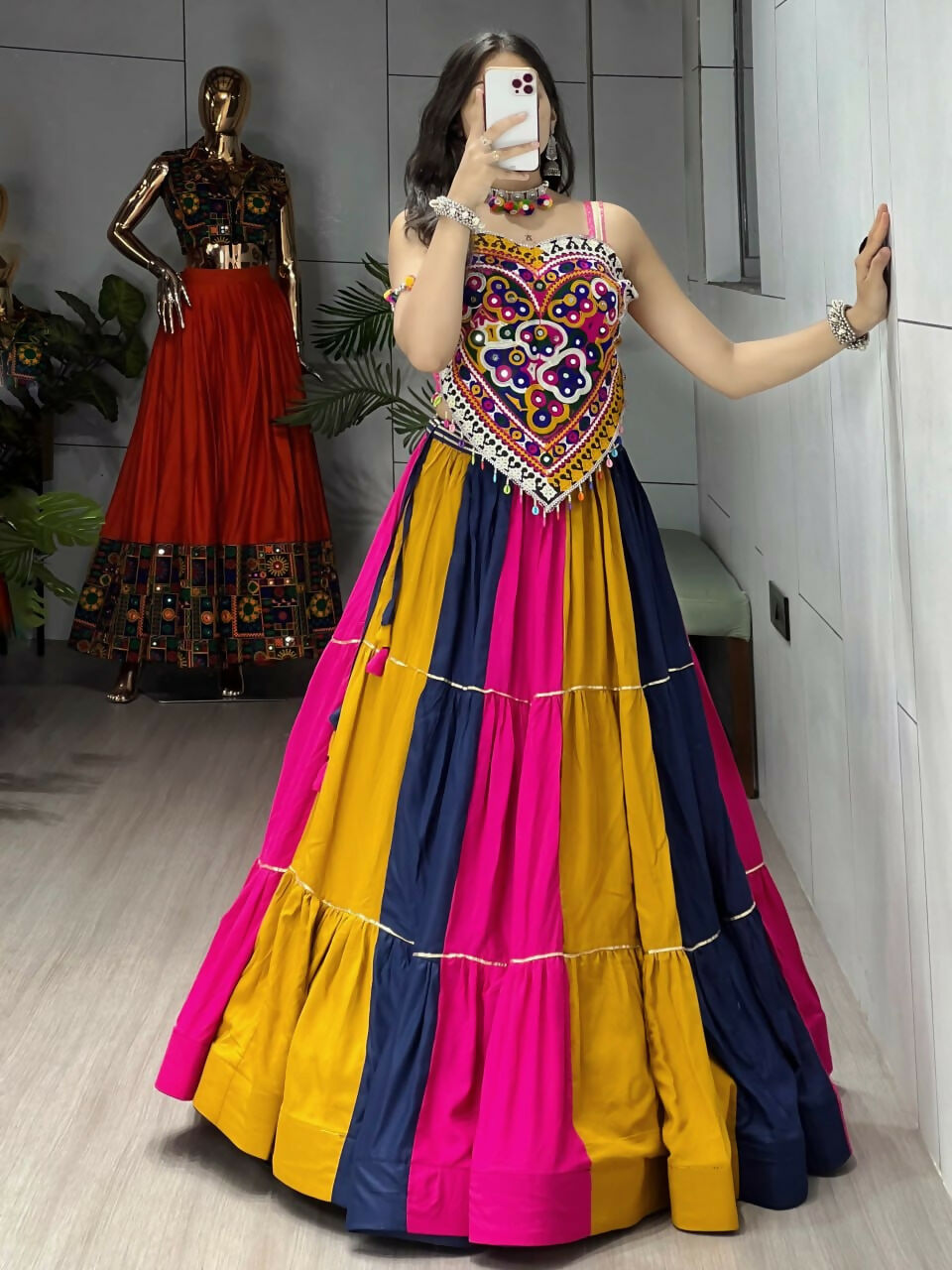 Yash Enterprise Multi Color Rayon Cotton Embroidery Semi Stitched Navratri Top Chaniya Choli | Grocsy