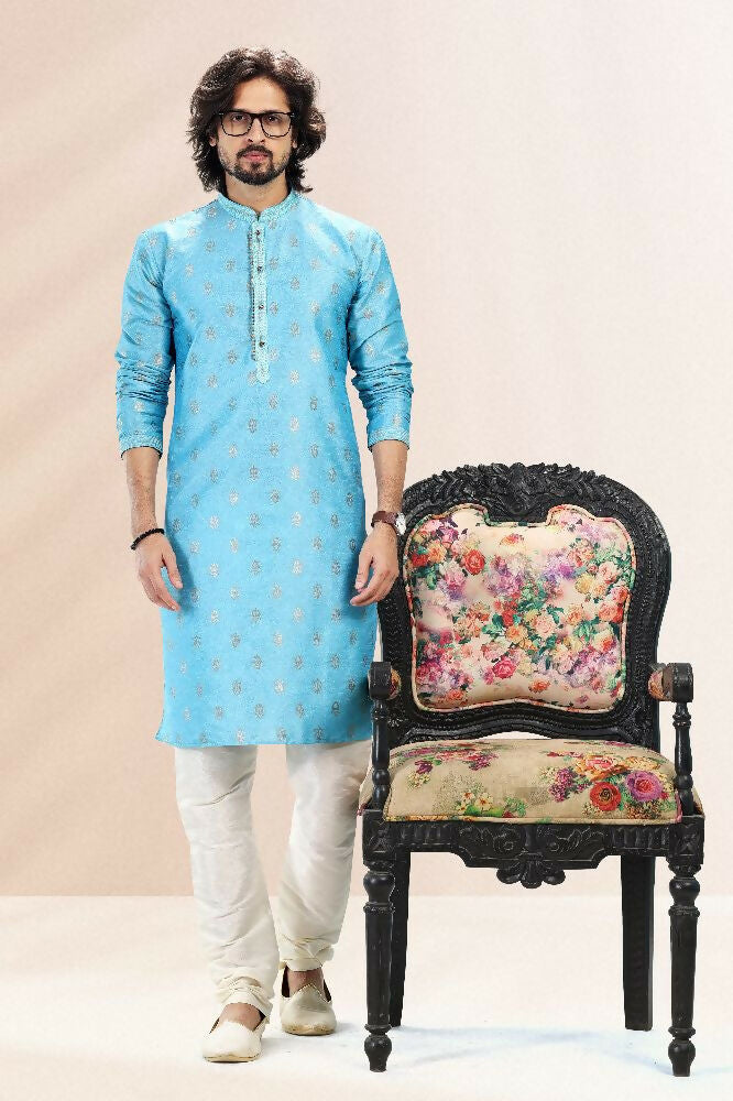 Raivat Ethnic Jacquard Banarasi Silk Pintux Work Kurta Pajama In Blue Colour | Grocsy