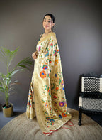 Joban Fashion Off-White  Zari Woven Floral Motifs Soft Silk Paithani Silk Saree | Grocsy