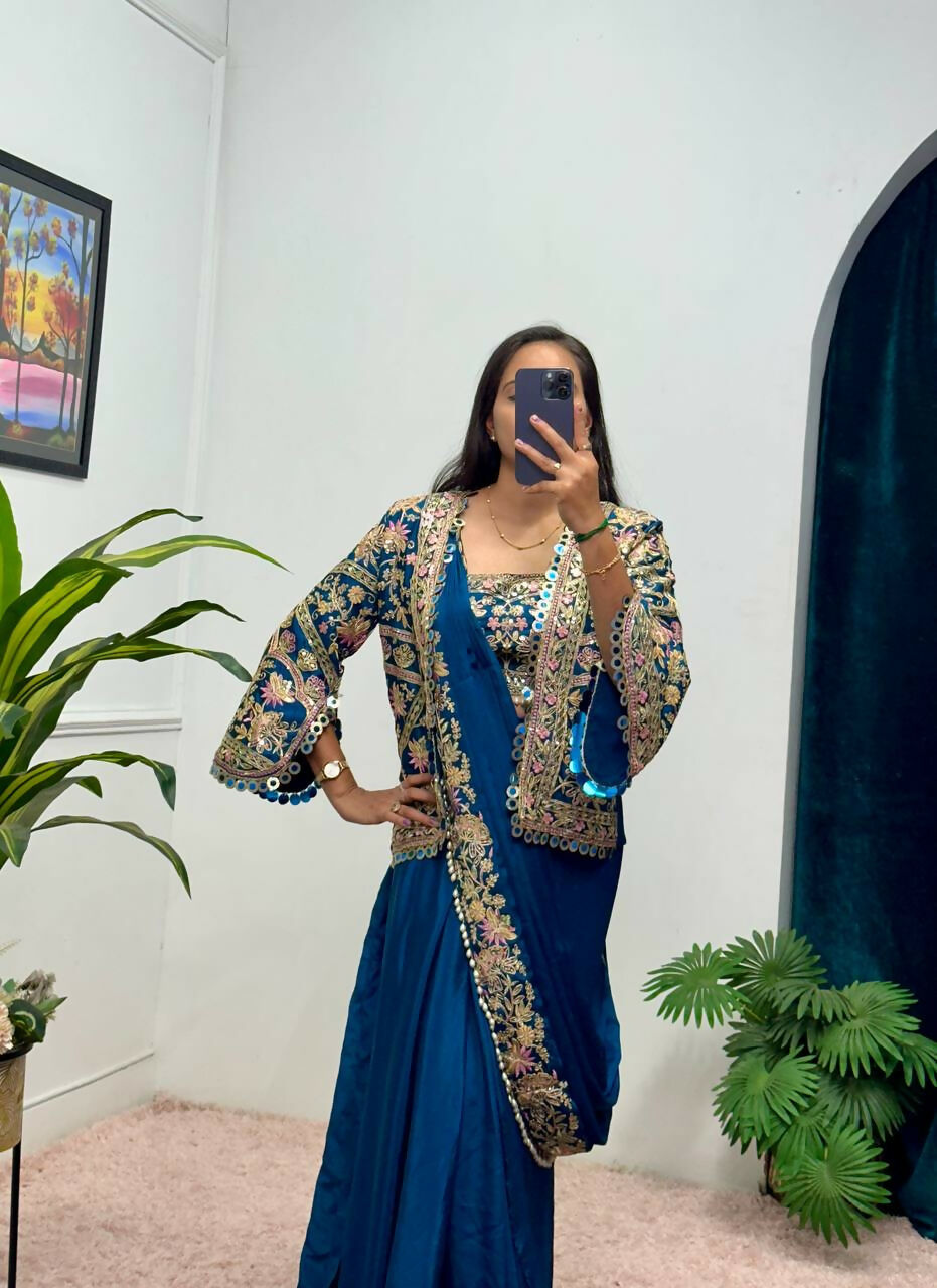 Teeya Creation Teal Color Chinon Silk Embroidery Work Ready To Wear Party Wear Saree With Koti | Grocsy