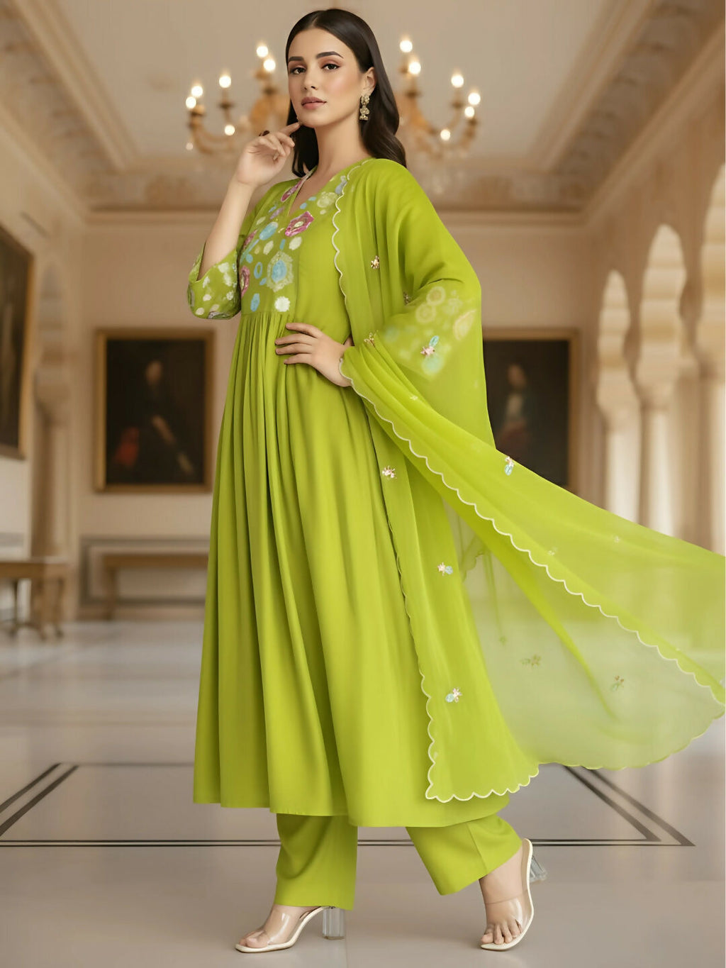 The52 Women's Beautiful Embroidery Work Viscose Silk Fabric Flared Kurta Pant and Dupatta Set-Liril | Grocsy