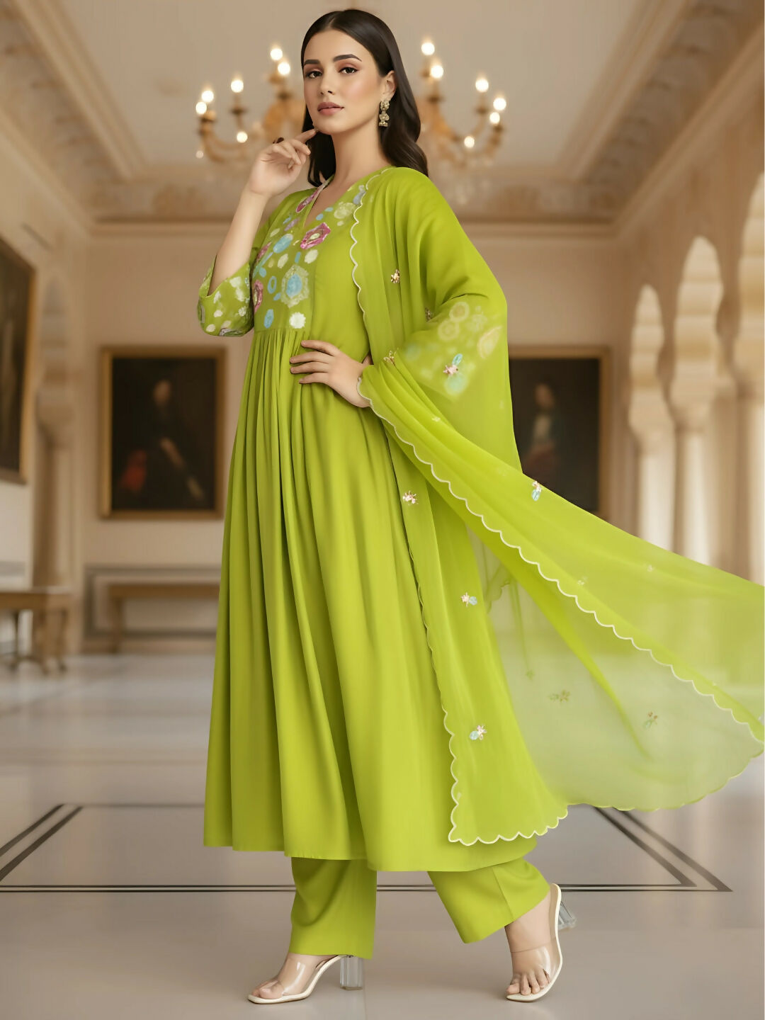 The52 Women's Beautiful Embroidery Work Viscose Silk Fabric Flared Kurta Pant and Dupatta Set-Liril | Grocsy