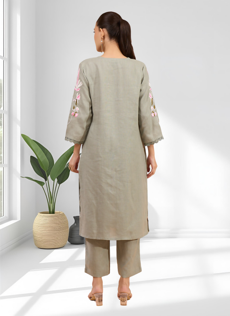 Joban Fashion Pista Green Linen Embroidered Readymade Long Kurta With Pant | Grocsy