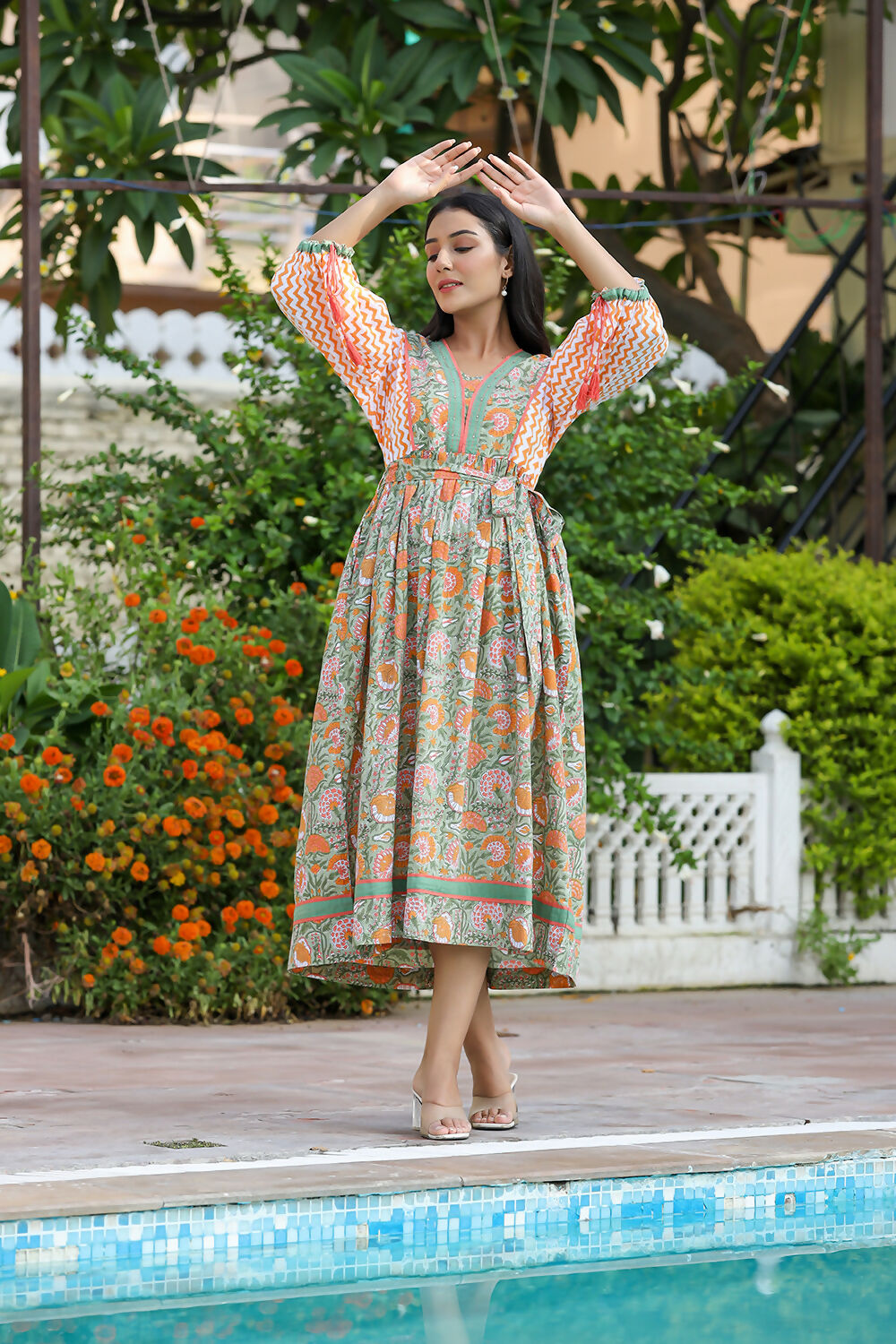 Kaajh Women's Orange Hand Block Printed Dress | Grocsy
