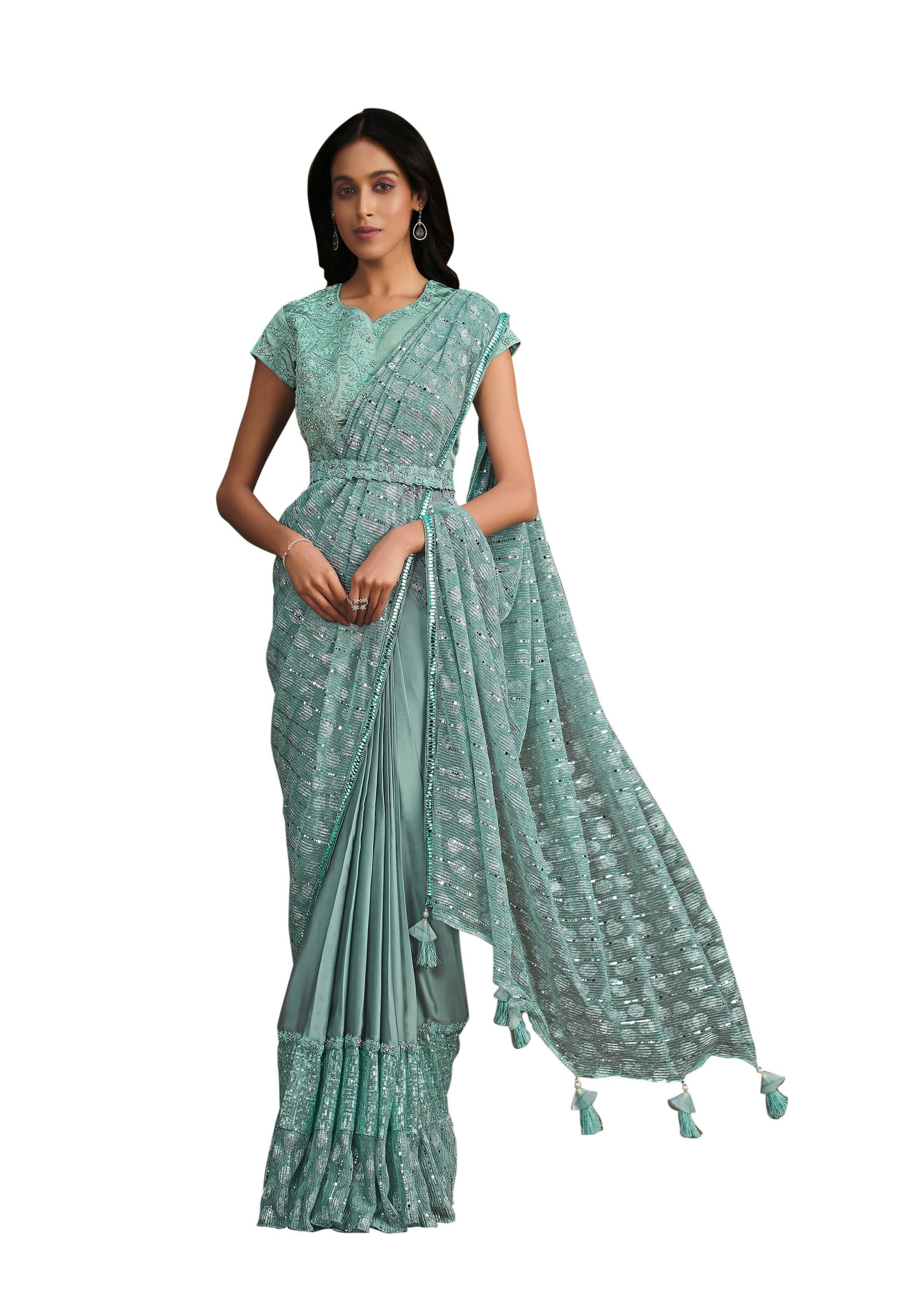 Light Blue Crepe Silk Sequence Embroidered With Texture Saree With Stitched Blouse - Mohmanthan La Belle | Grocsy