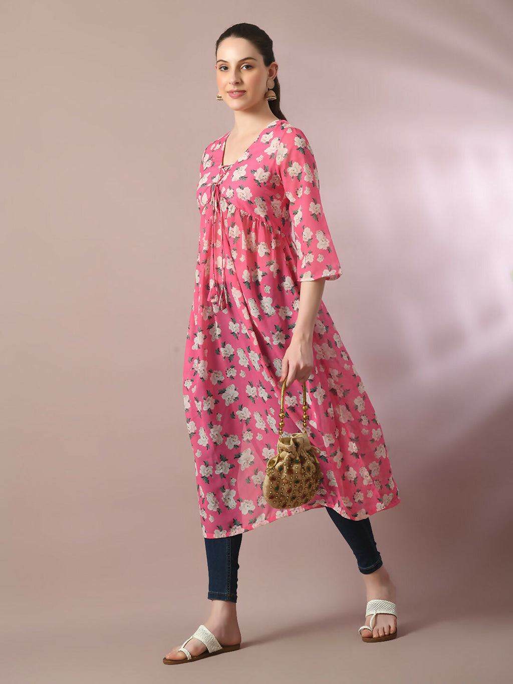 Myshka Women's Pink Printed Georgette A-Line Nyra-cut Kurta | Grocsy