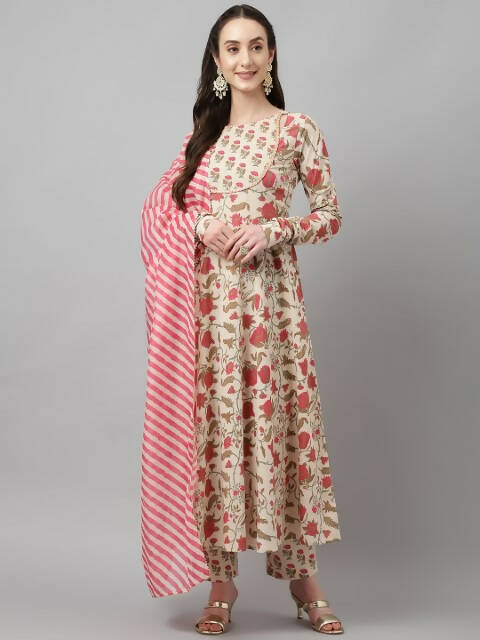 FIORRA Women's Beige Pure Cotton Flared Kurta Pant With Dupatta | Grocsy