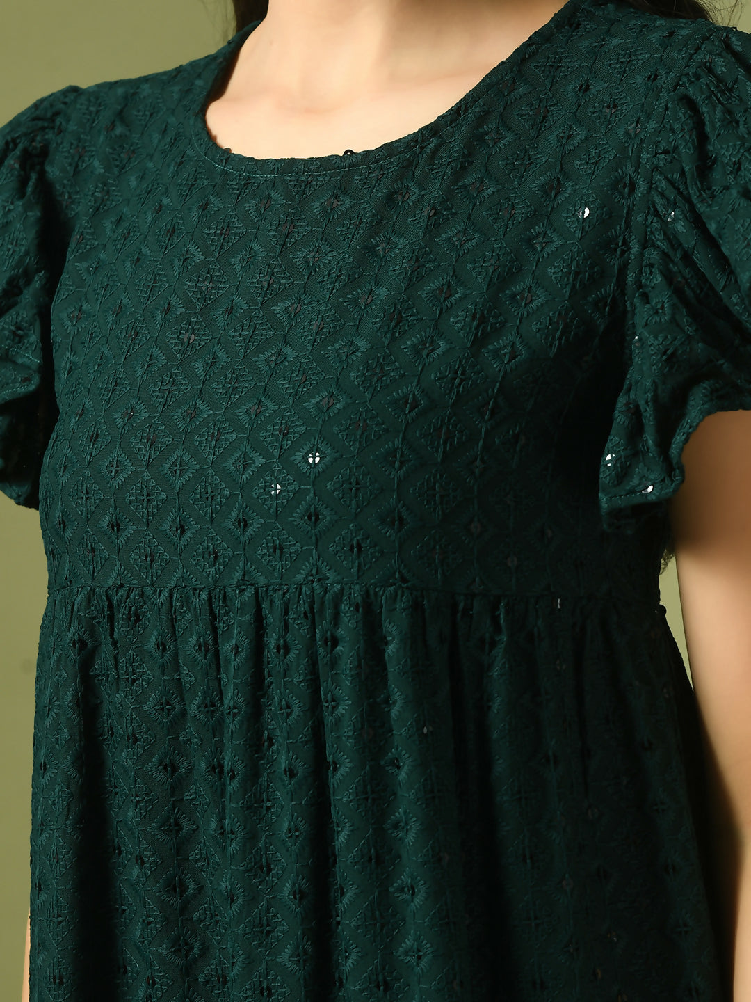 Myshka Women's Green Embroidered Cotton Round Neck A-Line Party Dress | Grocsy