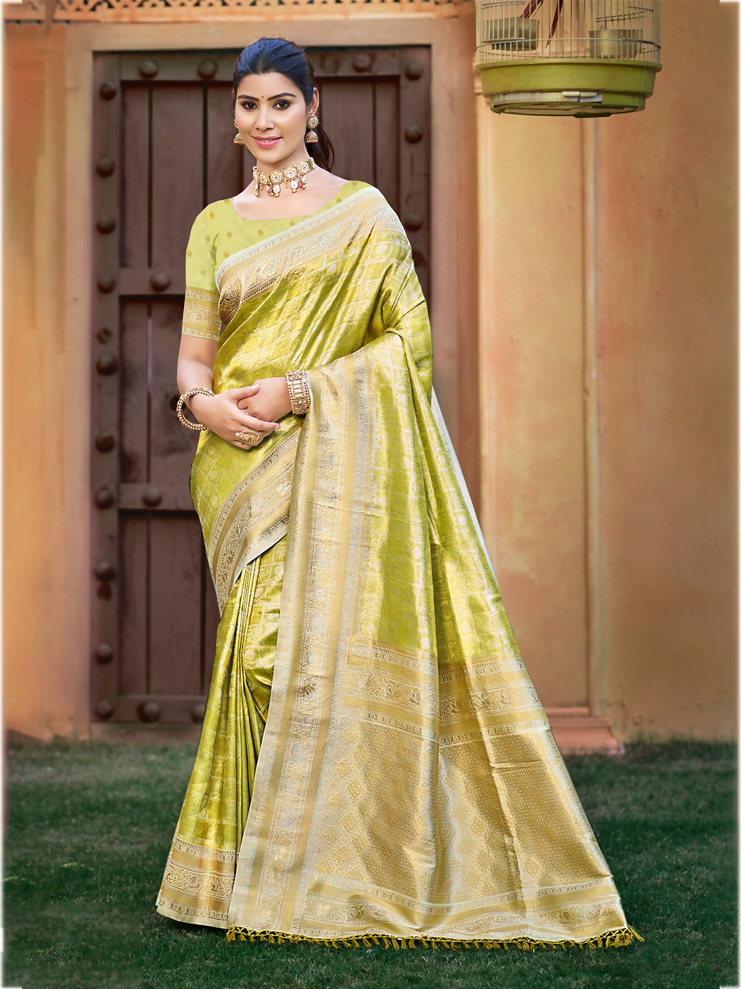 Sangam Prints Light Green Kanjivaram Silk Woven Work Traditional Saree | Grocsy