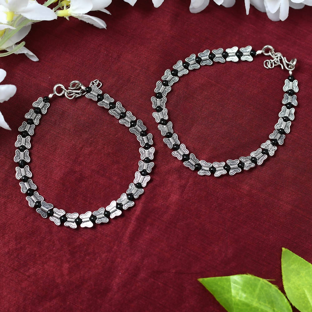 Mominos Fashion Kamal Johar Oxidised Silver Butterfly Anklets | Grocsy