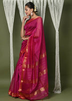 Very Much Indian Handloom Cotton Silk Maheshwari Saree With Sleek Golden Border - Red | Grocsy