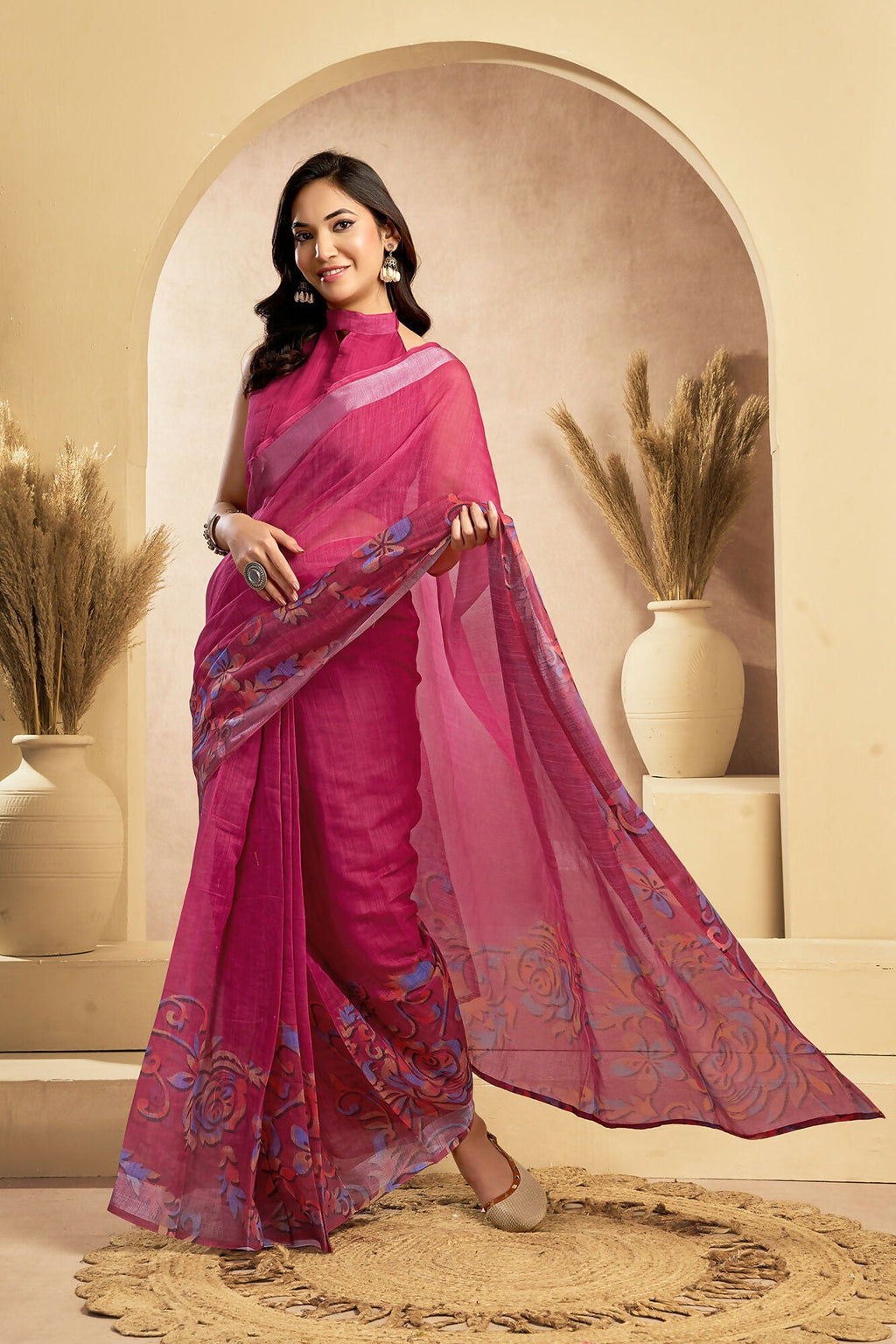 Vastranavya Pink Digital Printed Linen Ready To Wear Designer Saree with Unstitched Blouse | Grocsy