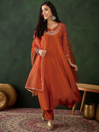 Sangria Embroidered A-Line Kurta & Trousers With Dupatta | Grocsy