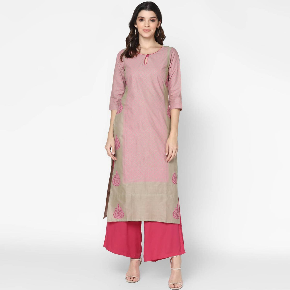 Cheera Hand Block Print Pink Colour Straight Kurta With Palazzo (MAAI-077K) | Grocsy