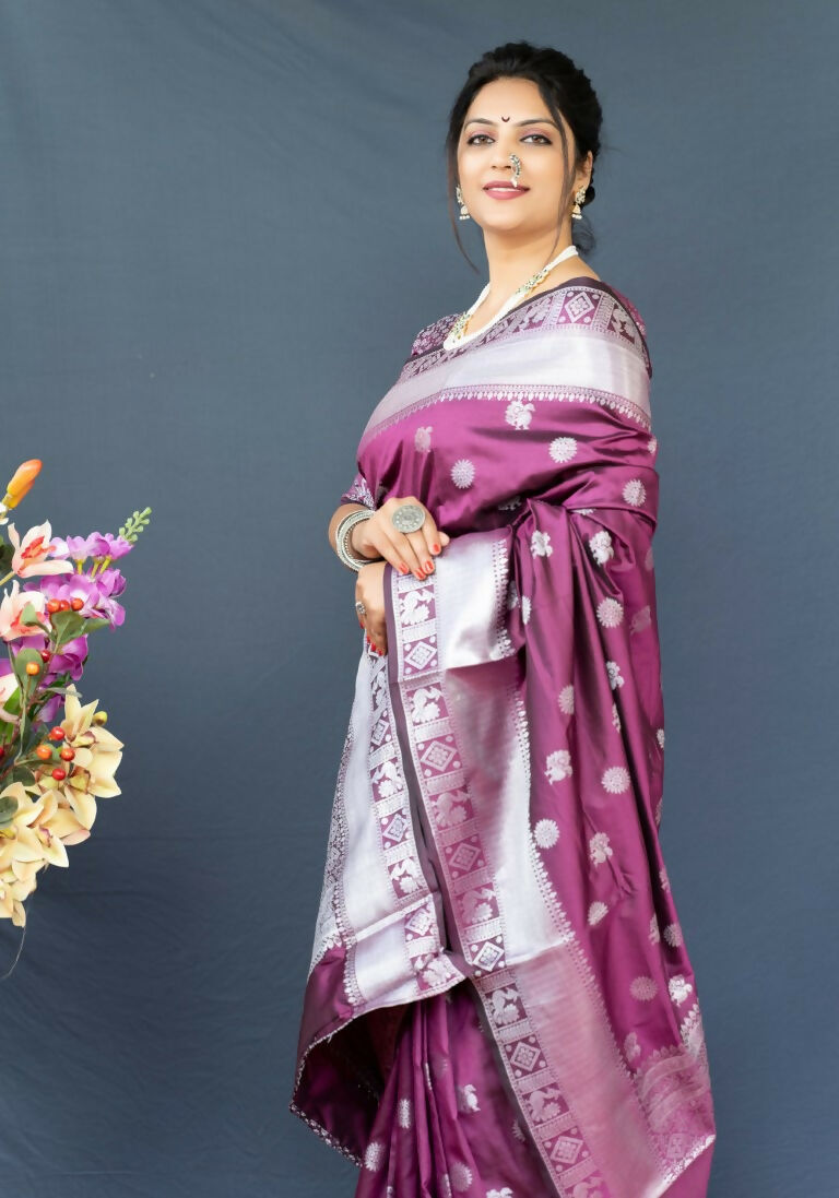 Jyoti Fashion Women's Wine Soft Banarasi Silk Zari Woven Saree with Blouse | Grocsy