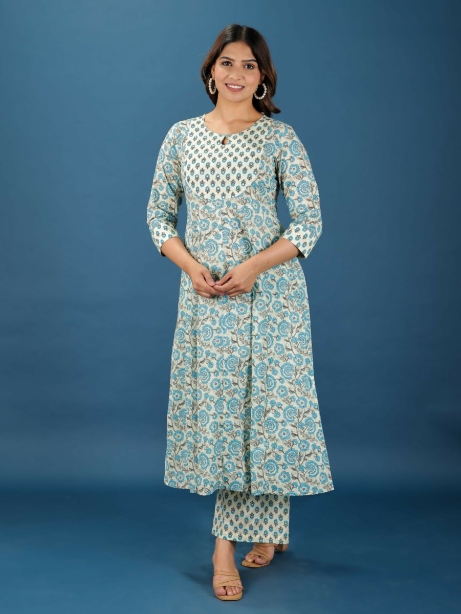 Aramya Anarkali Soft Cotton Floral Print Women's Kurta Set - Off White | Grocsy