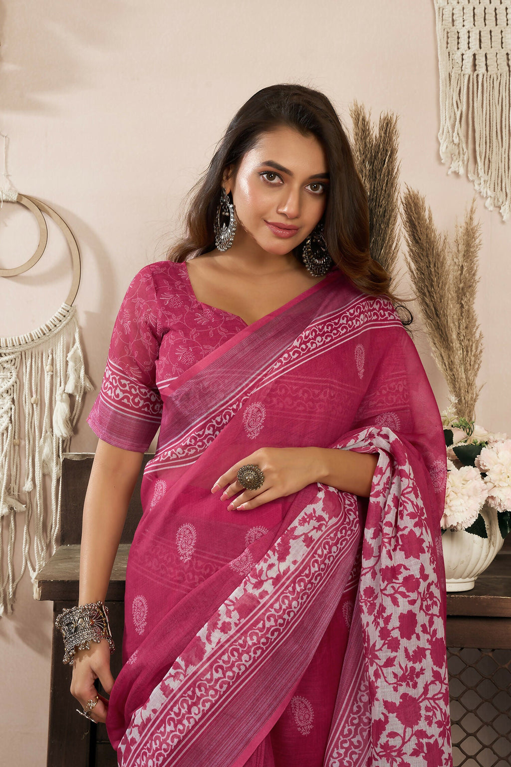 Joban Fashion Pink Floral Linen Ready To Wear Saree With Unstitched Blouse | Grocsy