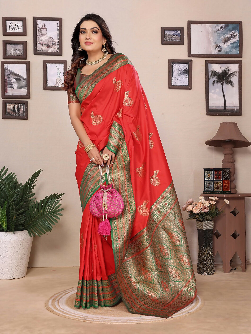 Joban Fashion Banarasi Red Small Butti Soft Silk Saree | Grocsy