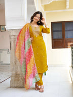 The52 Women's Beautiful Viscose Chanderi Fabric Embroidery Work Straight Kurta Pant and Dupatta Set | Grocsy
