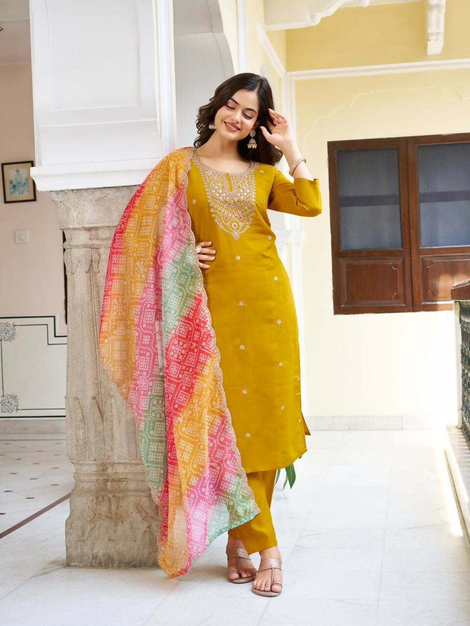 The52 Women's Beautiful Viscose Chanderi Fabric Embroidery Work Straight Kurta Pant and Dupatta Set | Grocsy