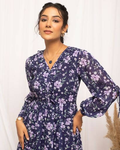 FIORRA Women's Blue Georgette Floral Printed Western Dress | Grocsy