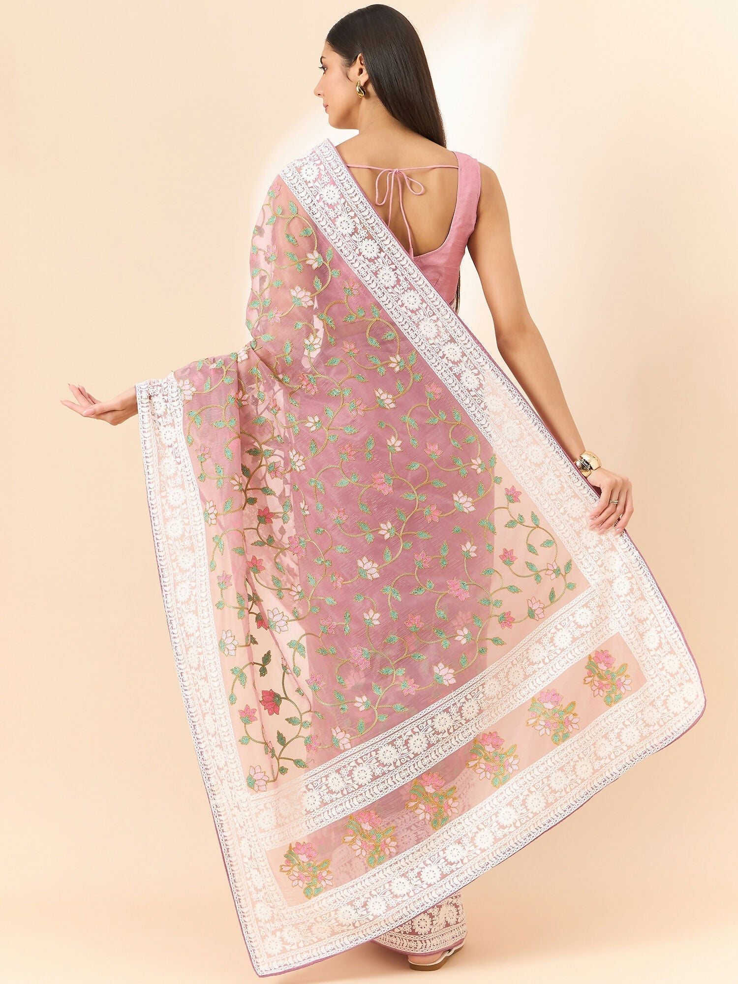 Pink Organza Floral Embroidered Saree with Unstitched Blouse Piece - Roozal | Grocsy