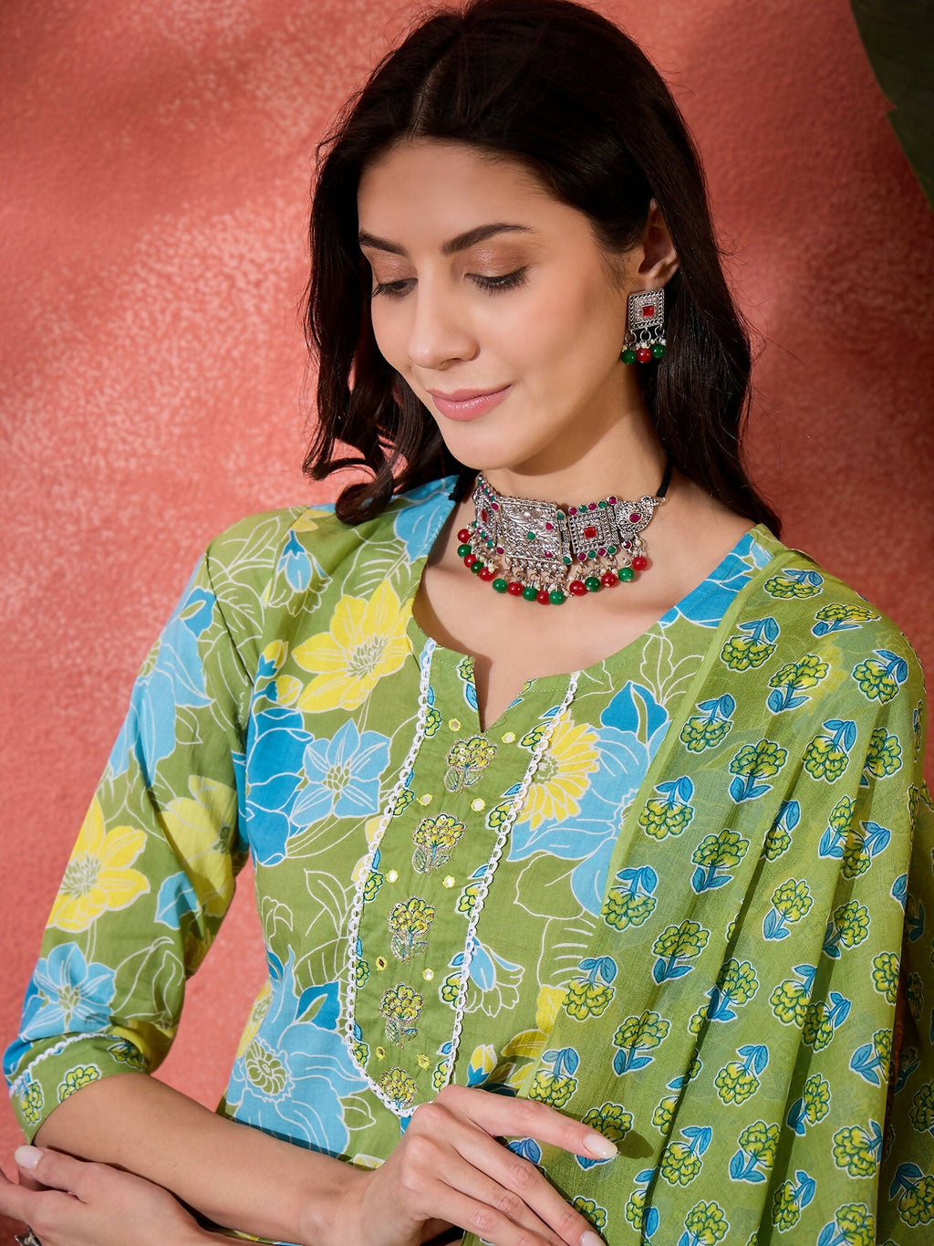Joban Fashion Printed Green Pure Cotton Kurta Set | Grocsy