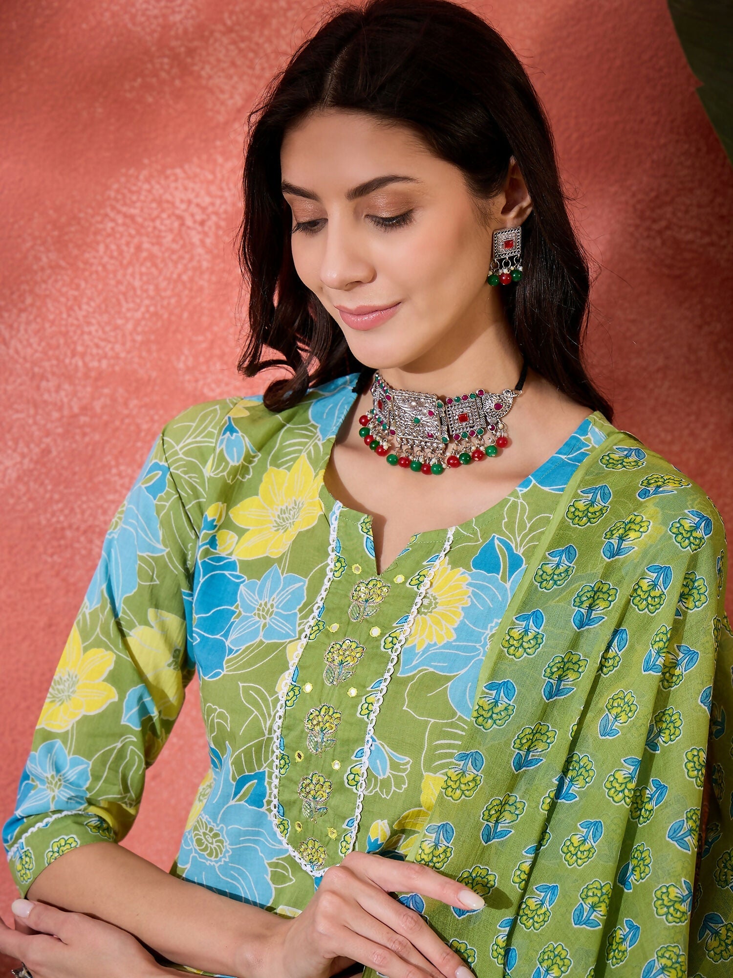 Joban Fashion Printed Green Pure Cotton Kurta Set | Grocsy
