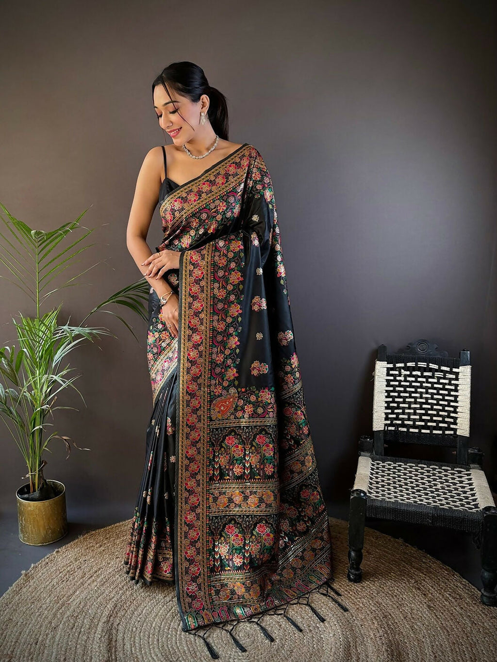 Joban Fashion Black Meena Weaves Pashmina Sarees | Grocsy