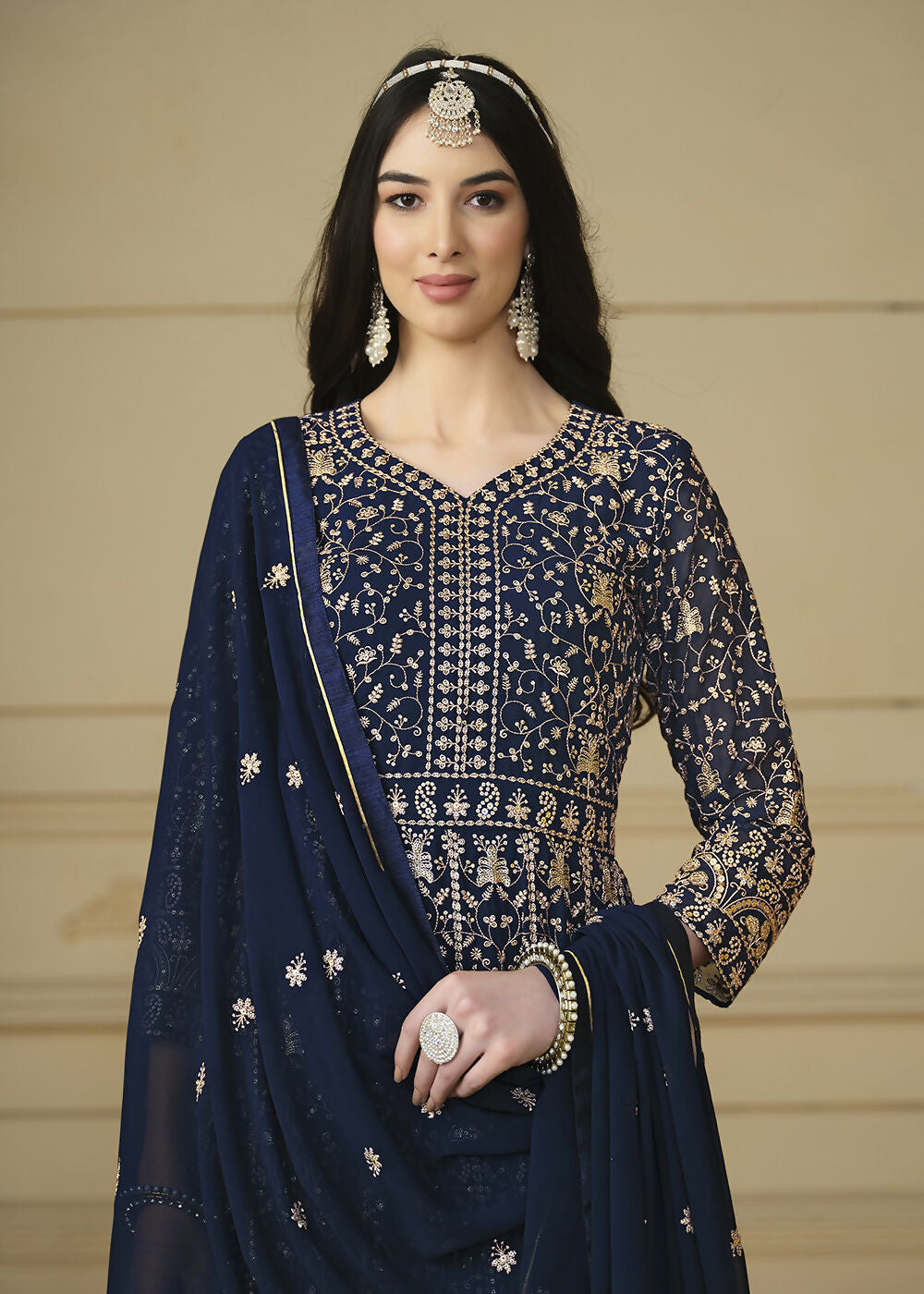 Navy Blue Embroidered Trendy Style Anarkali Suit - Emponline | Grocsy