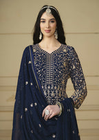Navy Blue Embroidered Trendy Style Anarkali Suit - Emponline | Grocsy